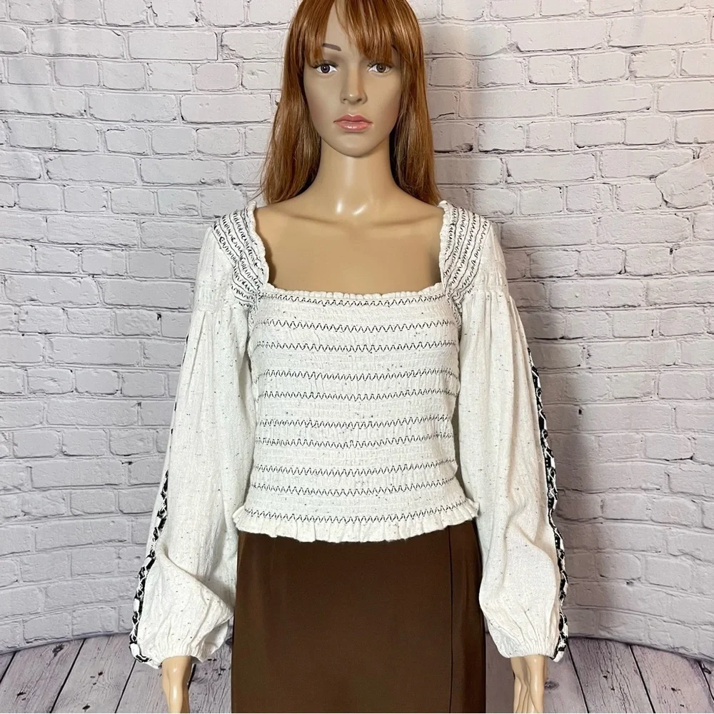NWT New $148 Free People Maggie Embroidered Shirred Ivory Blouse Top Size M